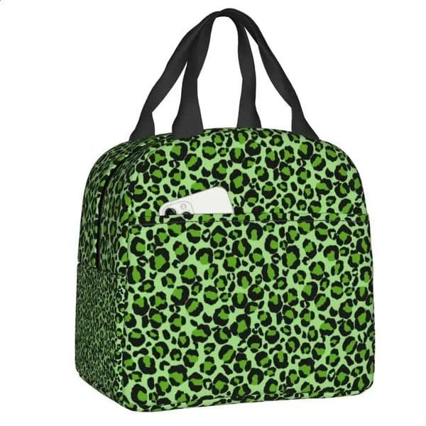 Green leopard skin printed insulated lunch bag for camping animals portable cooler bento box 241021
