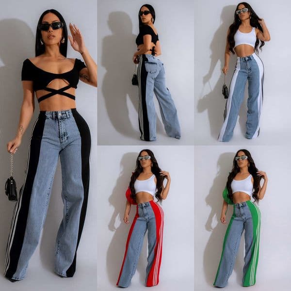 Designer Womens Jeans Pants Summer Splicing Stripe Wide Leg Denim Trousers Fashion Casual High Waist Elastic Straight Leg Pant