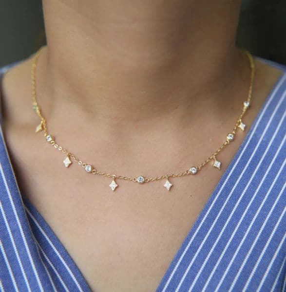 fashion women choker 337cm gold rose rhodium diamond shape cz drop charm cz station women gold fashion necklace
