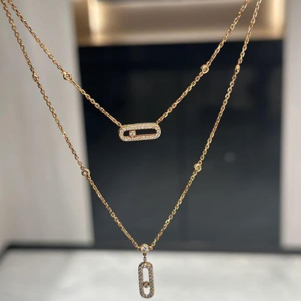Designer's popular geometric rectangular shape with movable diamond studded double layered necklace fashionable big brand celebrity same stylewedding
