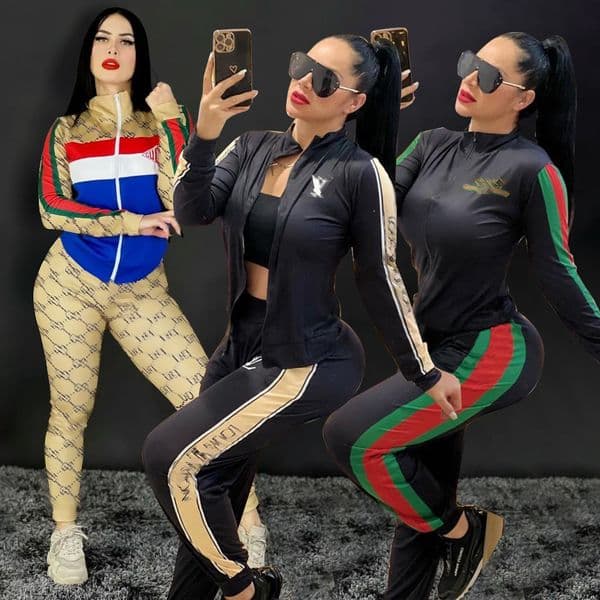 Designer women's sportswear casual printed two piece zip up jacket and pants jogging suit free ship
