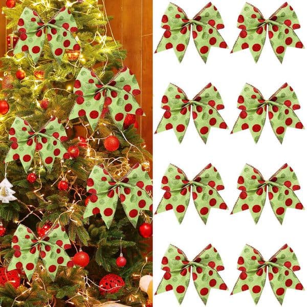 8 red and green Christmas polka dot bow decorations Christmas accessories gift boxes Christmas elf trees garden decorations W241029