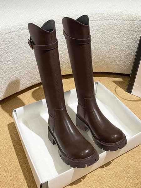 Vintage Warm Plush Women Knee High Boots Fashion Belt Buckle Shoes Autumn Winter Low Heel Womens Knight Long Bootie 14a6