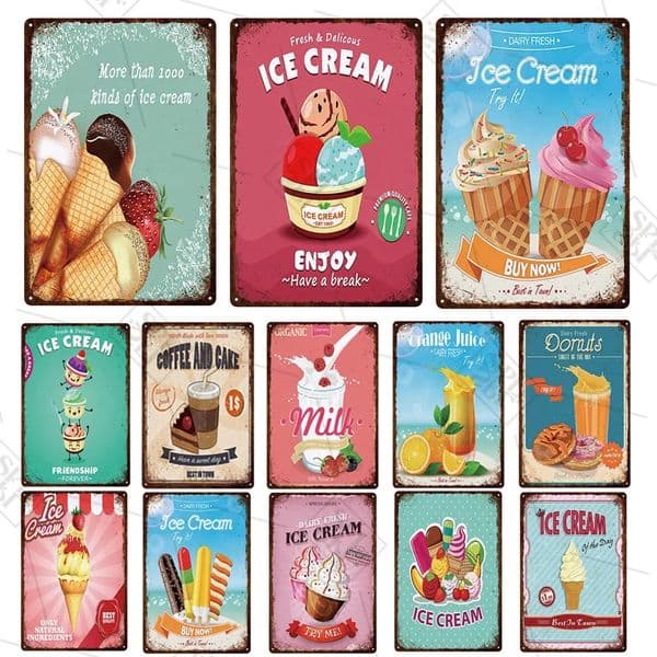 Juice Cold Drink Metal Sign Shop Signboard Wall Decoration Dessert Metal Poster Vintage Ice Cream Plaque Funny Dessert Shop Store Home Man Cave Decor 30X20CM w01
