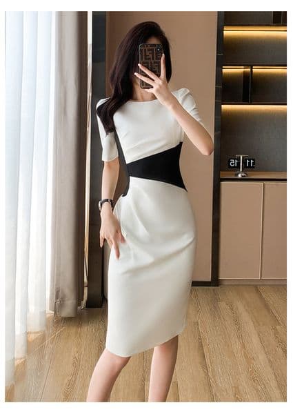Basic Casual Dresses Summer New O-Neck Vintage Vestidos Simple Chic Color Blocking Bodycon Office Casual Dress Women Sheath Pencil Dresses 2024