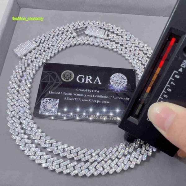 Pass Diamond Tester Iced Out Vvs Moissanite 925 Sterling Silver 10mm Cuban Link Chain