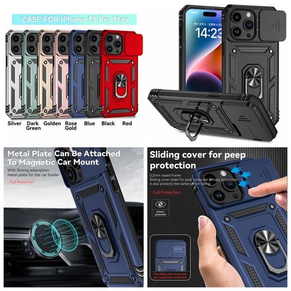 Sliding Peep Protection Car Holder Cases For Iphone 17 Air 16 16E 15 Pro Max 14 Plus 13 12 11 X Metal Finger Ring Bracket Hybrid PC TPU Heavy Duty Shockproof