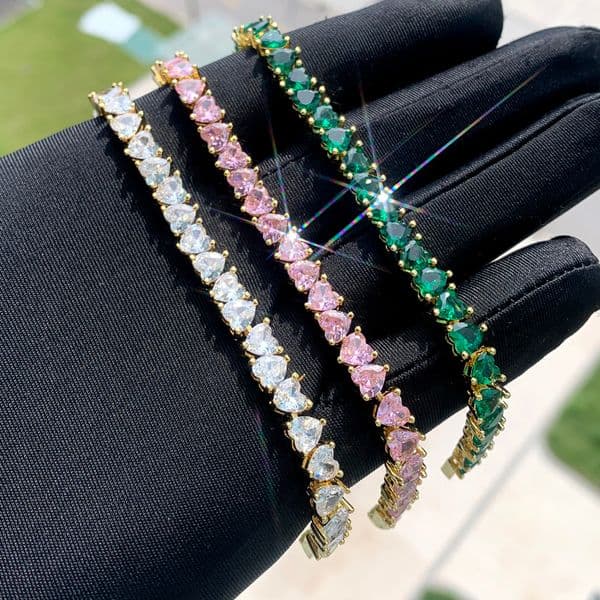 Mini Heart Love Tennis Chain Bangle Elegant Bracelet Hip Hop Paved Pink Green White Cubic Zirconia Women Party Gift Wholesale Jewelry
