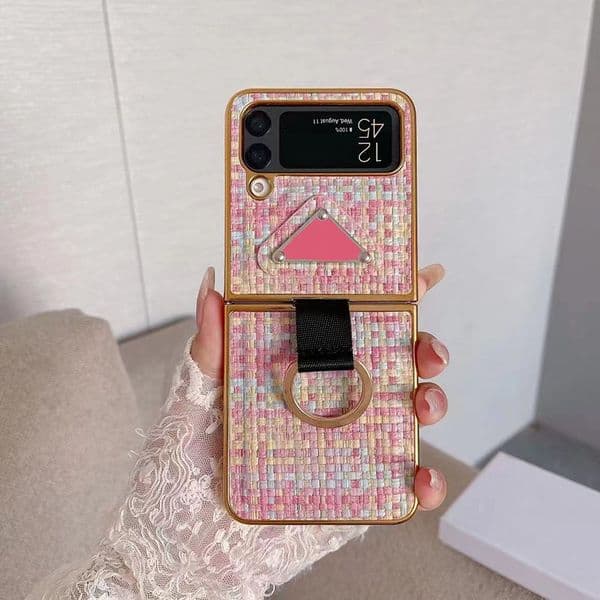 Cell Phone Cases Samsung Galaxy Z FliPD 4 3 Phone Cases Designer Weave Pattern PU Leather Luxury Chromed Back Cover StraPD Lanyard Finger Ring Holder Fundas Coque Shel