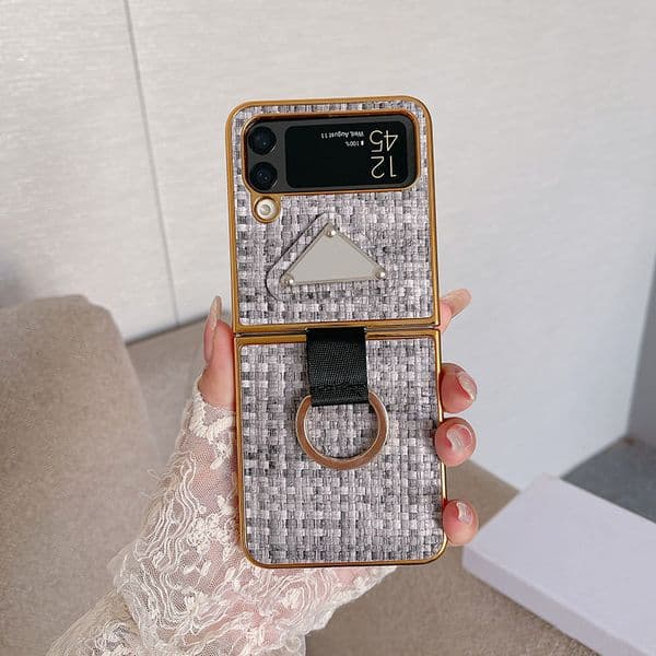 Cell Phone Cases Samsung Galaxy Z FliPD 4 3 Phone Cases Designer Weave Pattern PU Leather Luxury Chromed Back Bumper Cover StraPD Lanyard Finger Ring Holder Fundas Coq