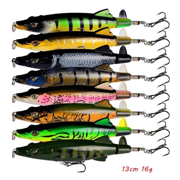 13cm 16g Popper Hook Hard Baits & Lures 6# Blood Slot Hooks 8 Colors Mixed Propeller Plastic Fishing Gear 8 Pieces / Box B-6