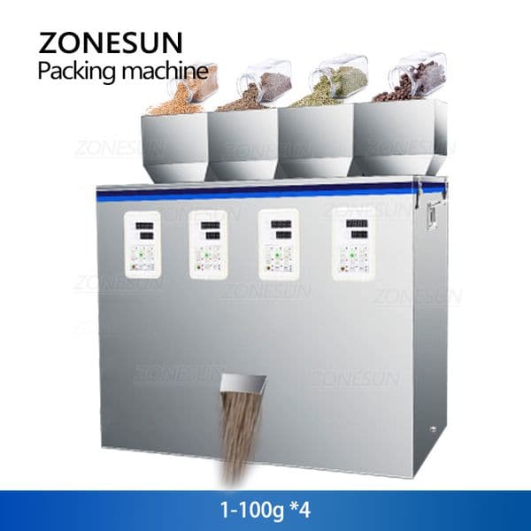 ZONESUN Granules Filling Machine Particle Weighing Vibrator 4 Heads Cereal Corn Flour Bean Tea Leaves Peanut Plastic ZS-GWF4