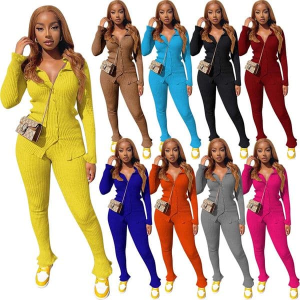 Fall Winter Cotton Tracksuits for Women Knitted Two Piece Sets Autumn Outfits Long Sleeve Cardigan Shirt and Pants 2pcs Casual Solid Sports suits 8554