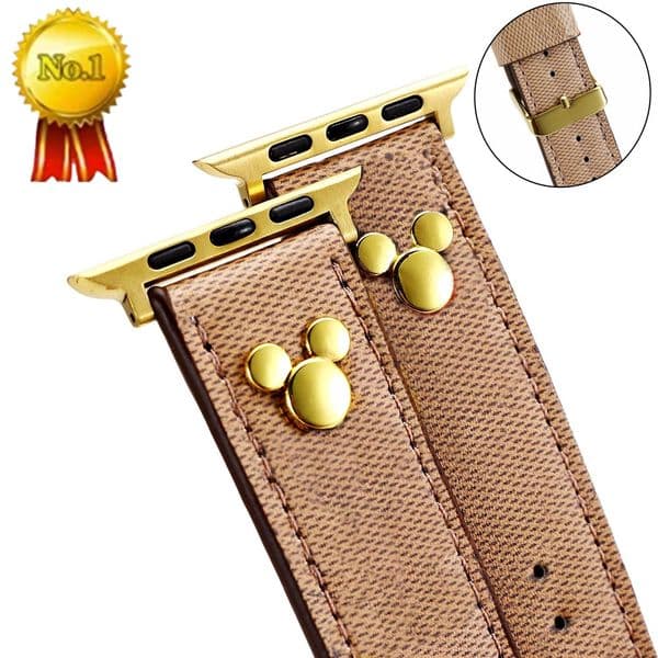 Designer Gold Link Chain Rivet Apple Watch Bands 42mm 38mm 40mm 44mm 49mm for iWatch 2 3 4 5 6 SE Bands Leather Smart Straps Bracelet Fashion Cartoon Characters Strap