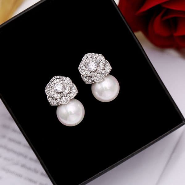Elegant Freshwater Camellia Flower Earrings for Women Luxury Diamond Zircon Stud Ball Pearl Earring Fashion Wedding Jewelry Nice Gift