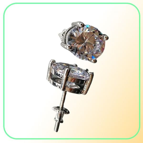 Stud White Gold Bling CZ Cubic Zirconia Round Square Screw Back Earrings For Men Women Iced Out Diamond Earring Ear Jewelry