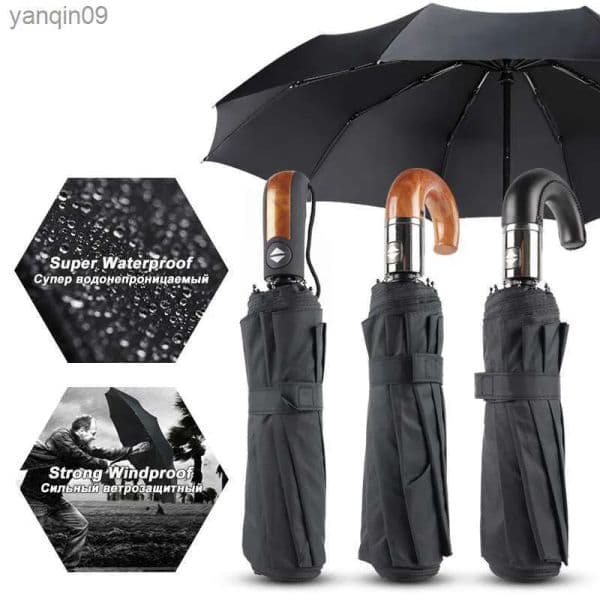 Wind Resistant Large Automatic Umbrella Rain Women Leather Wood Handle Business British Style Umbrella Men's Gift 3Fold Umbrella