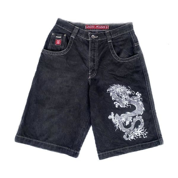 JNCO Y2K Men's Harajuku Hip Hop Chinese Dragon Graphic Printing Baggy Denim Gym Gothic Men Shorts 230823