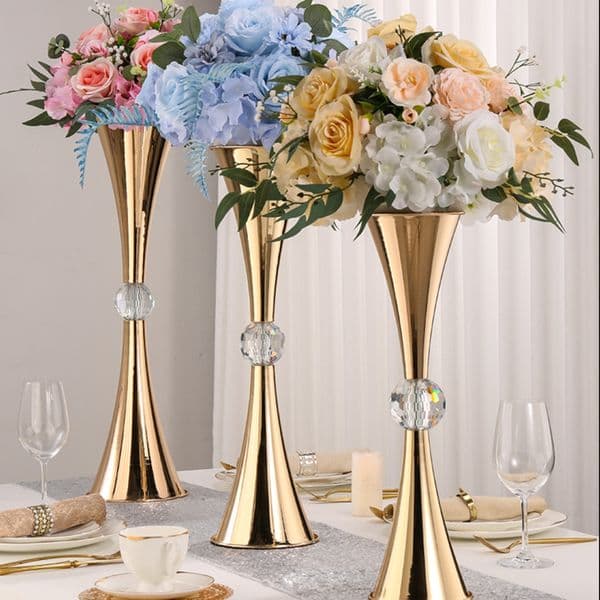 New European metal trumpet-shaped large wedding table center piece gold vase flower stand