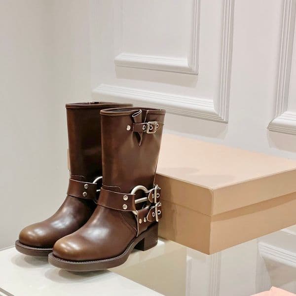 Harness Belt Buckled cowhide leather Biker Knee Boots chunky heel zip Knight boots Fashion square toe Ankle Booties women's luxury designer shoes factory footwear