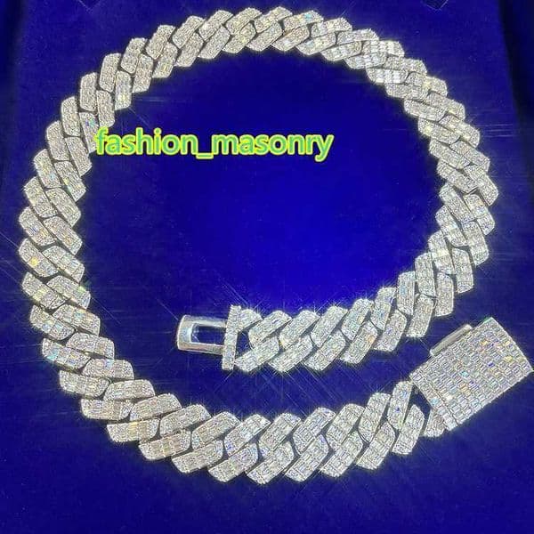 Solid Silver 19mm Wide Gra Baguettes Moissanite Diamond Cuban Link Chain for Mens Rapper Hip Hop Necklace