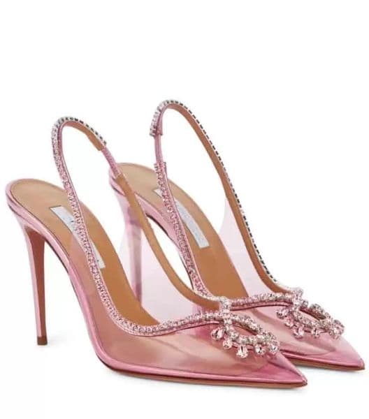 Famous Summer Aquazz Seduction Sandals Shoes Women Crystal-encrusted Leather Trims PVC Pumps Dress Bridal Wedding Lady High Heels