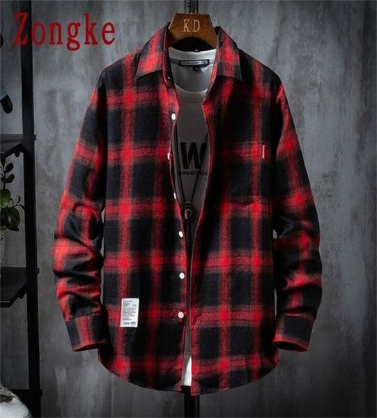 Zongke Casual Shirts For Men Clothing Fashion Long Sleeve Plaid Harajuku Checkered M3XL 220321