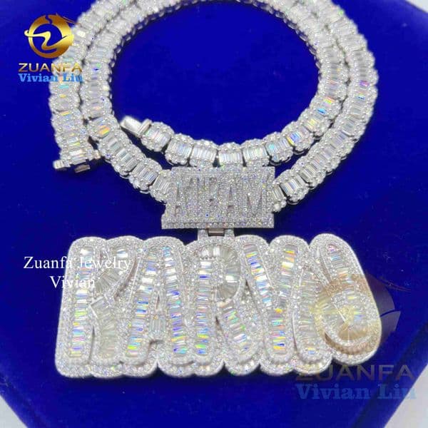 Fine Hip Hop Jewelry Sterling Silver 925 Custom Necklace Letter Pendants Vvs Baguette Moissanite Diamond Iced Out Pendant