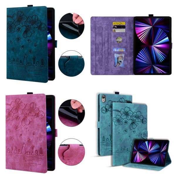Sakura Flower Leather Wallet Tablet Cases For Ipad Pro 12.9 12.9inch 2020 2021 Retro Print Fashion Cherry Lovely Cat Holder Flip Cover Credit ID Card Slot Book