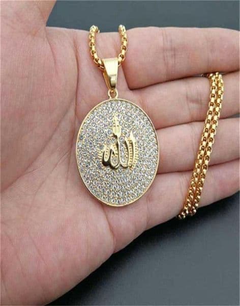 Hip Hop Iced Out Round Pendant Necklace Stainless Steel Islam Muslim Arabic Gold Color Prayer Jewelry Drop 210929294e