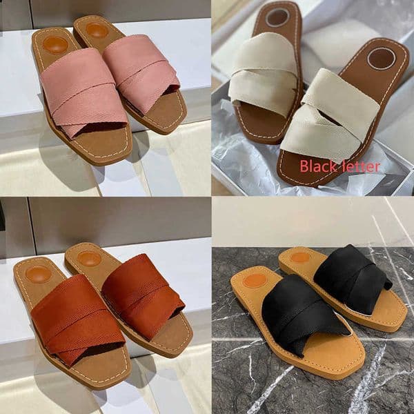 Woody Flat Mule In Canvas Women Designer Sandals Rubber Bottom Calfskin Sandals Summer Beach Sex Slipper Flip Flops Black Pink 28 Colors With Box NO290