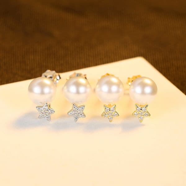 Sterling Silver Star Stud Earrings with Cubic Zirconia Pearl - 18K Gold Plated - Bohemian Style for Women