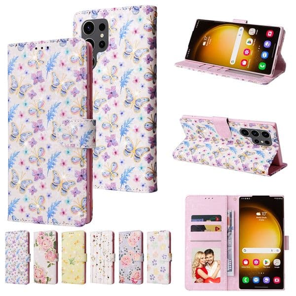 S26 Flower Leather Wallet Cases For Iphone 17 Air 16 Pro MAX Samsung FE A07 A17 A37 A57 A36 S25 Edge S24 Ultra A56 A26 Anti-theft Brush Butterfly ID Card Holder