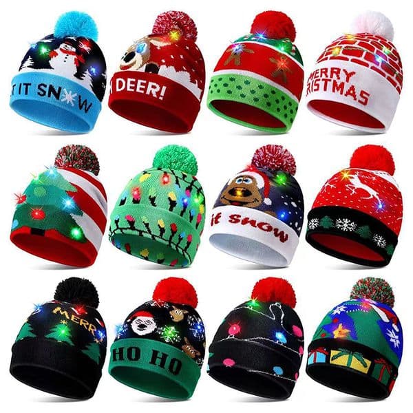 2024 LED Light Up Christmas Beanie Winter Snow Sweater Knitted Hat with Lights Illuminate Warm Hats for Kids Adults New Year Xmas Party Supplies 1204