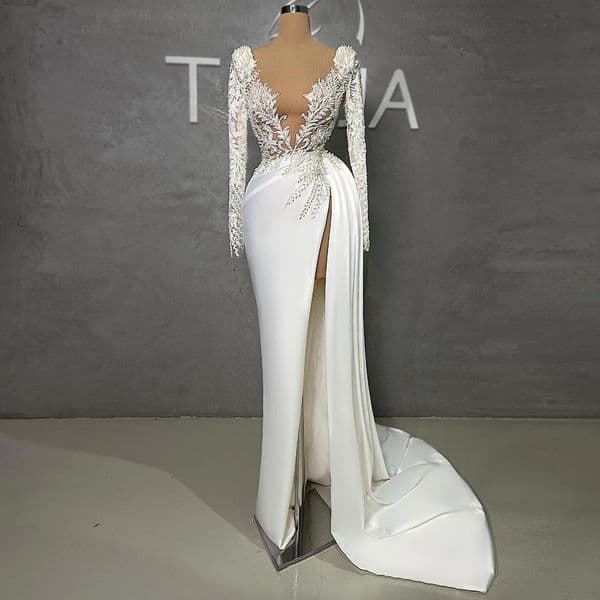 Stunning Sheath Beaded Wedding Dresses Lace Side Split Bridal Gowns Illusion Deep V Neckline Satin Long Sleeves Vestido De Novia