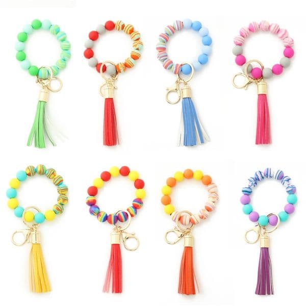 multicolour Silicone Bead Bracelet new style Keychain Tassel Keychain Bracelet Pendant Keyring P178