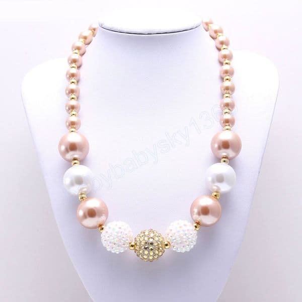 Cute Kids Boys Chunky Beads Necklace Gold+White Pearls Beads Child Kids Chunky Necklace Fashion Choker Necklace