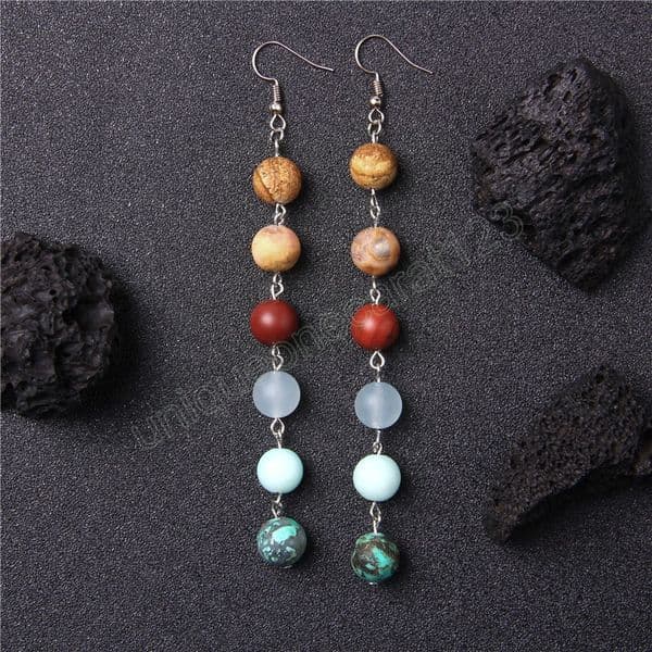 Vintage Chinese Style Colorful Natural Stone Earrings for Women Girls Bohemia Handmade Stone Beaded Long Geometric Earrings