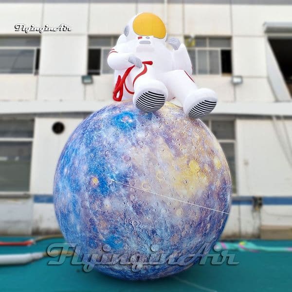 LED Lighted Inflatable Astronaut Sitting on Planet Moon with Astronaut - Perfect for Space-Themed Events
