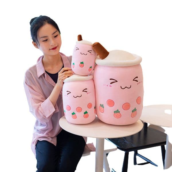 Cute 24cm Fruit Drink Plush Stuffed Soft Pink Strawberry Milk Tea Plush Boba Tea Cup Toy Bule Tea Pillow Cushion Kids Gift