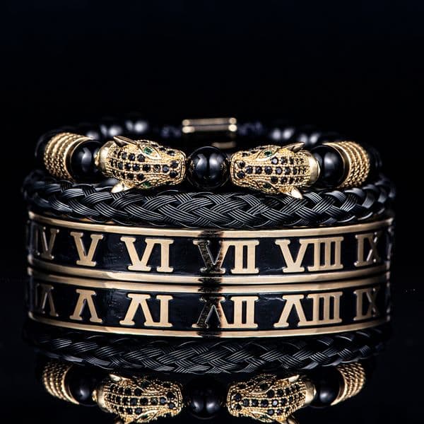 2026 Luxury Set Bracelets Men Double Leopard head Handmade Enamel Roman Numeral Bangles Rope Buckle Stone Beads Jewelry