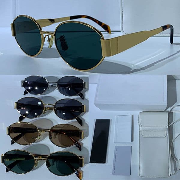 Arc de Triomphe Designer Oval Frame Sunglasses CL4S235U Womens Metal Frame Green Lens Gold Leg Temple Signature Casual Business Glasses White Glasses Bag