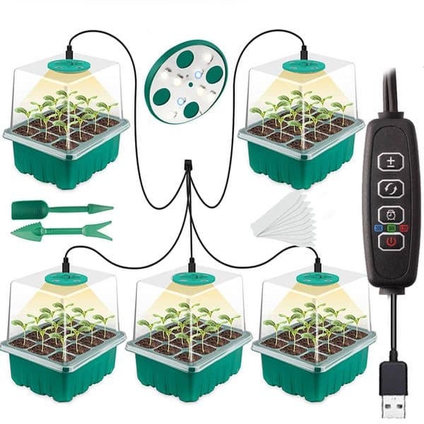 Full Spectrum LED Grow Light 5 Pcs Plants Seed Starter Trays With Grow Light 12 Holes Per Tray Nursery Pots Lights For Home Plant Greenhouse Growing Trays