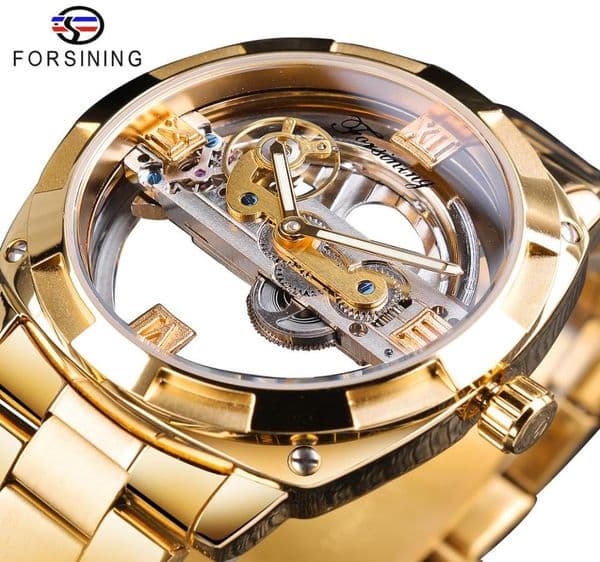 Forsining Transparent Golden Mechanical Watch Mens Steampunk Skeleton Automatic Gear Self Wind Stainless Steel Band Clock Montre