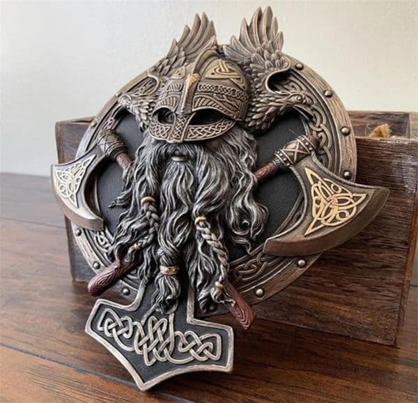 95AA Viking Berserker Double Axe Plaque Resin Statue Ornament Vintage Warrior Valhalla Sculpture Figurine Wall Decoration for 2207
