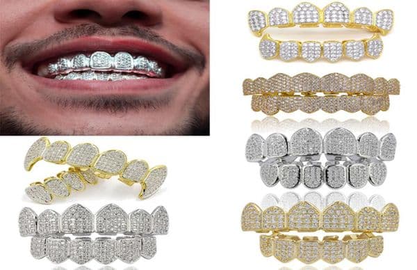 18K Real Gold Punk Hiphop Dental Mouth Grillz Braces Bling Cubic Zircon Rock Vampire Teeth Fang Grills Braces Tooth Cap Rapper Jew