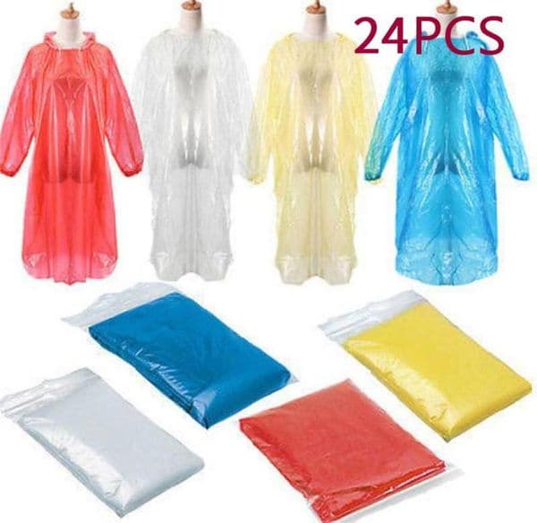 Raincoats 24Pcs Disposable Adult Emergency Waterproof Rain Coat Poncho Hiking Camping Hood Outdoor Antiwet Long Rainwear
