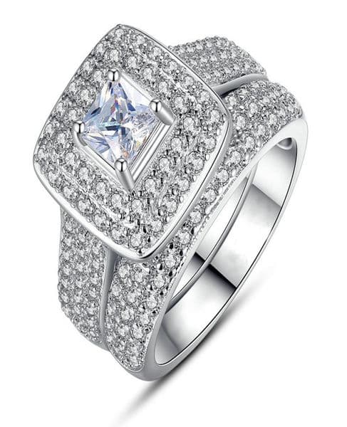 2pcs Sets Wedding Engagement Ring For Women Bridal Classic Square Cut Cubic Zirconia Crystal Silver Color Fashion Jewelry Chirstma