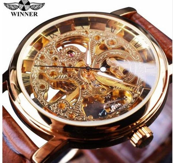 Winner Transparent Golden Case Luxury Casual Design Brown Leather Strap Mens Watches Top Brand Luxury Mechanical Skeleton Watch