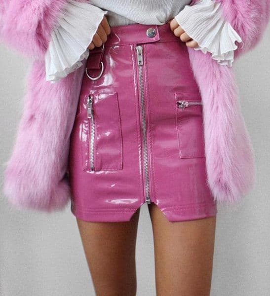 Elegant Skirt Women Faux Leather High Waist Pencil Skirts High Quality Pink Button Sexy Party Slim Split Zipper Mini Skirt1